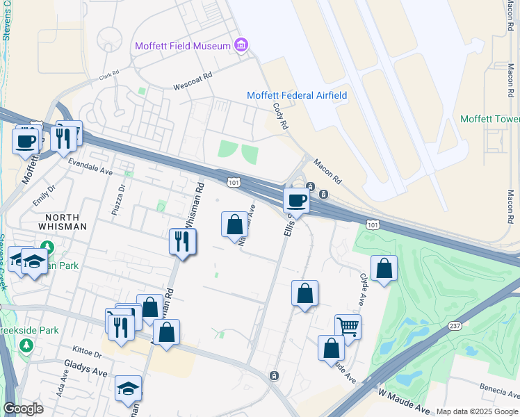 map of restaurants, bars, coffee shops, grocery stores, and more near 411 National Avenue in Mountain View