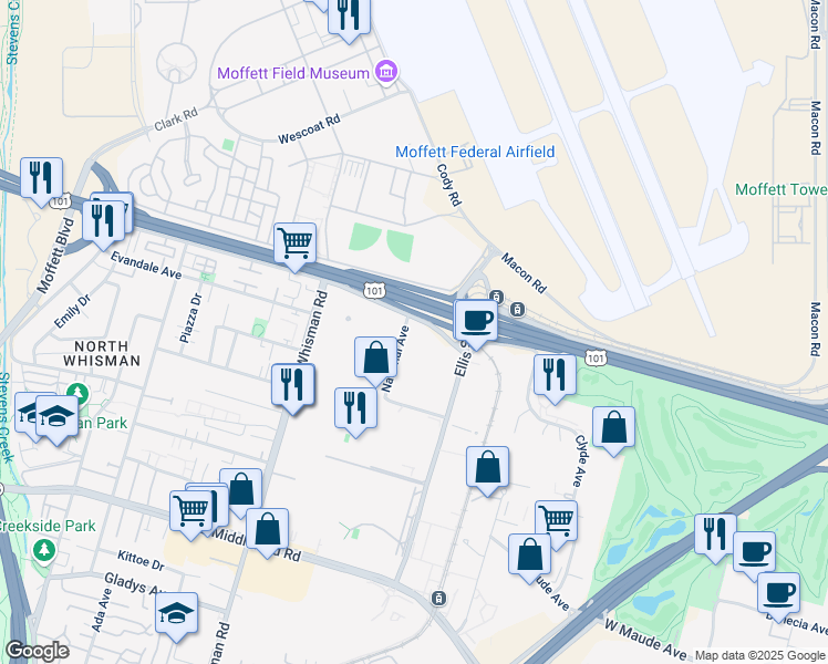 map of restaurants, bars, coffee shops, grocery stores, and more near 411 National Avenue in Mountain View
