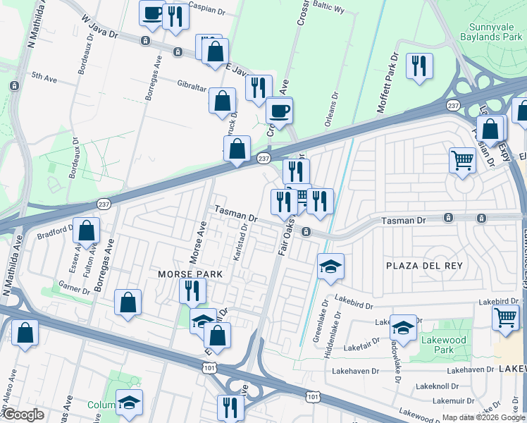map of restaurants, bars, coffee shops, grocery stores, and more near 1148 La Rochelle Terrace in Sunnyvale
