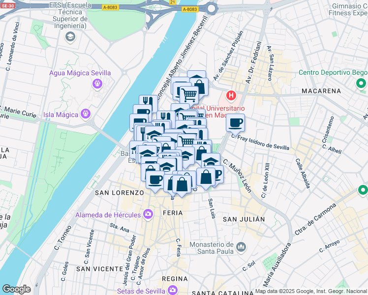 map of restaurants, bars, coffee shops, grocery stores, and more near 4 Calle Torrijiano in Sevilla
