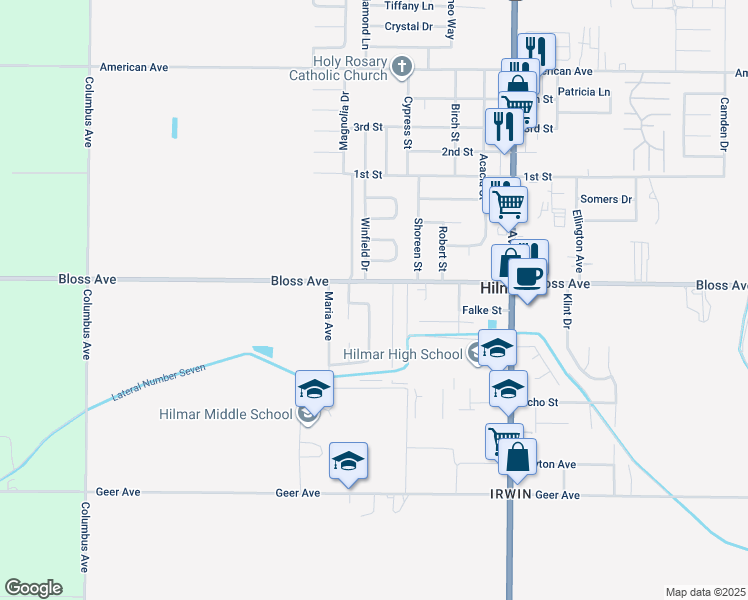 map of restaurants, bars, coffee shops, grocery stores, and more near 20355 Bloss Avenue in Hilmar
