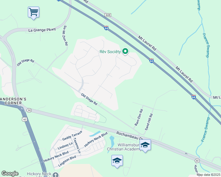 map of restaurants, bars, coffee shops, grocery stores, and more near 112 Joanne Court in Toano