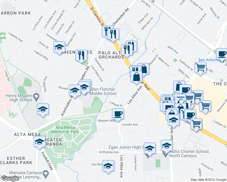 map of restaurants, bars, coffee shops, grocery stores, and more near 1138 Laureles Drive in Los Altos