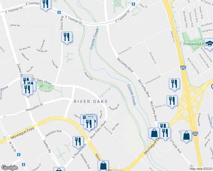 map of restaurants, bars, coffee shops, grocery stores, and more near 425 Camille Circle in San Jose