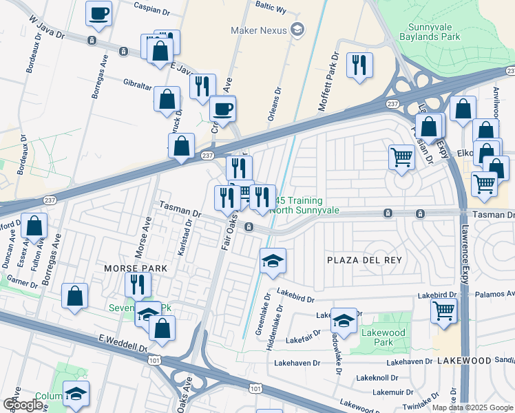 map of restaurants, bars, coffee shops, grocery stores, and more near 621 Tasman Drive in Sunnyvale