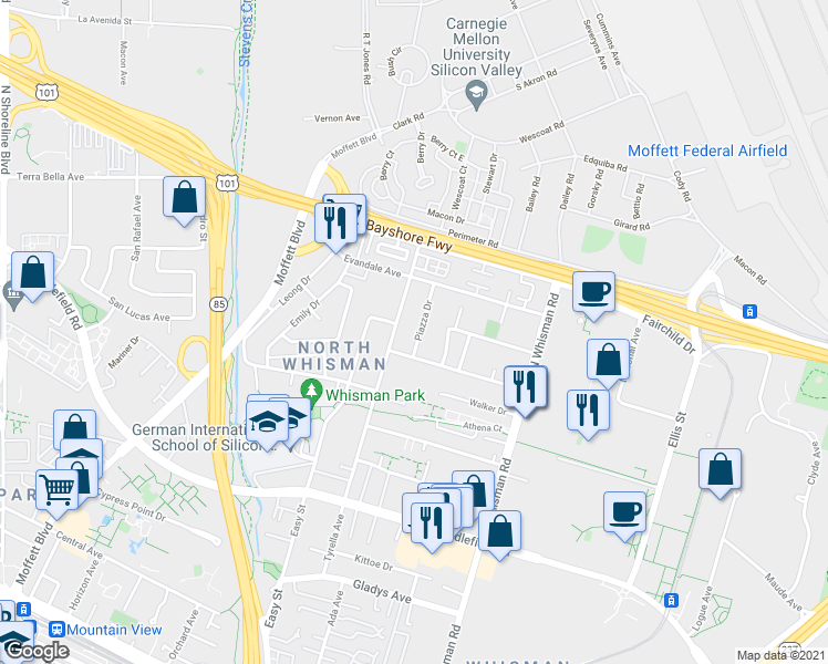 map of restaurants, bars, coffee shops, grocery stores, and more near 527 Tyrella Avenue in Mountain View