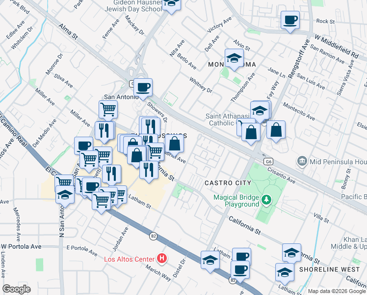 map of restaurants, bars, coffee shops, grocery stores, and more near in Mountain View