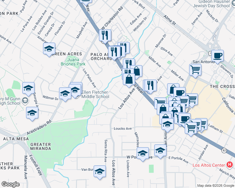 map of restaurants, bars, coffee shops, grocery stores, and more near 315 Langton Avenue in Los Altos
