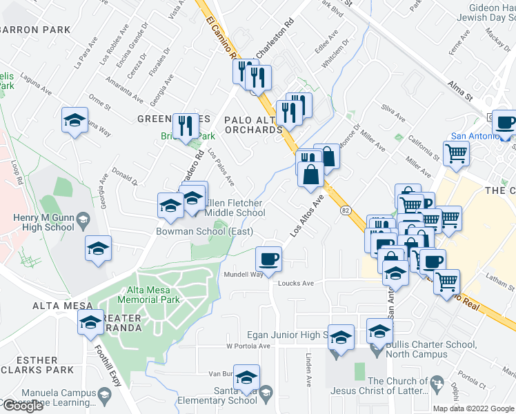 map of restaurants, bars, coffee shops, grocery stores, and more near 1148 Laureles Drive in Los Altos