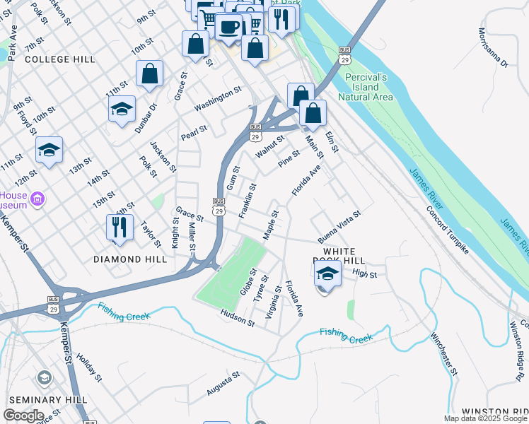 map of restaurants, bars, coffee shops, grocery stores, and more near 2025 Hazel Street in Lynchburg