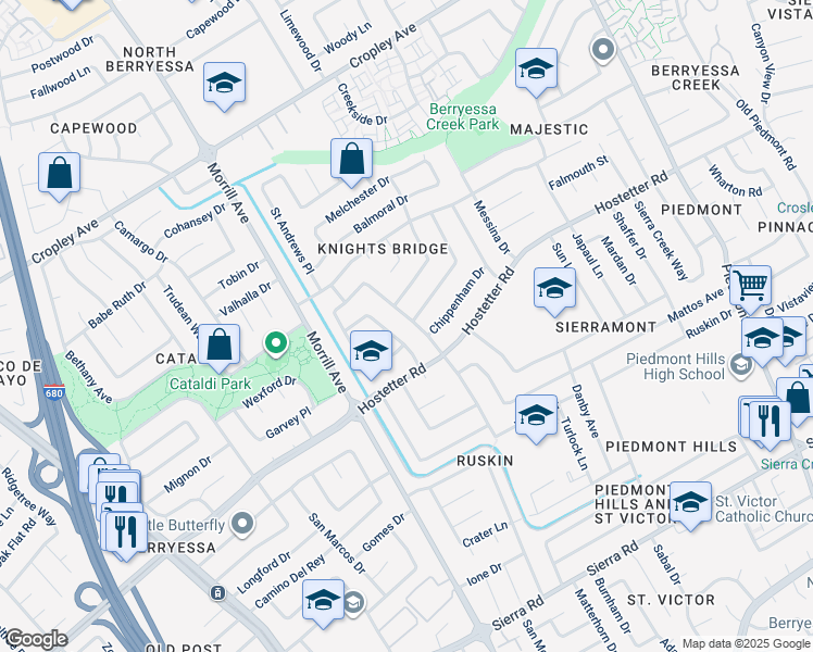 map of restaurants, bars, coffee shops, grocery stores, and more near 1681 Queens Crossing Drive in San Jose