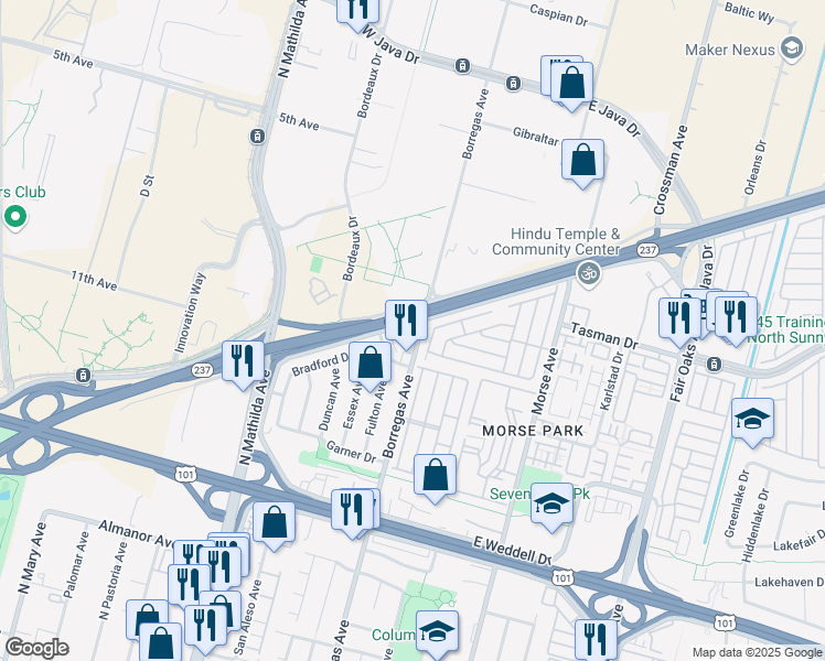 map of restaurants, bars, coffee shops, grocery stores, and more near 102 Persian Drive in Sunnyvale