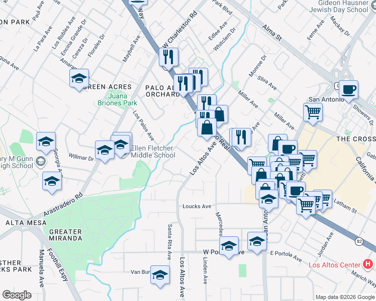 map of restaurants, bars, coffee shops, grocery stores, and more near 315 Langton Avenue in Los Altos