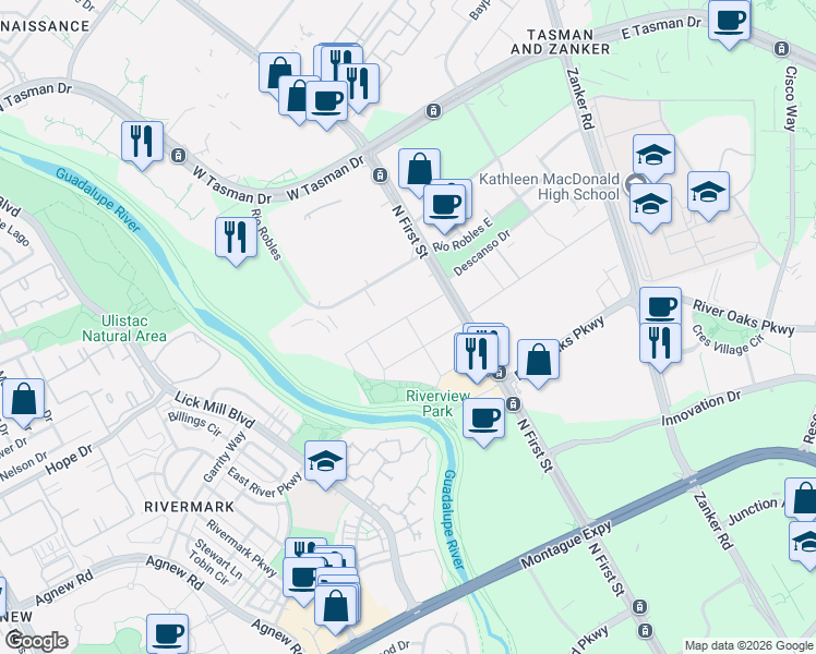map of restaurants, bars, coffee shops, grocery stores, and more near 251 Brandon Street in San Jose
