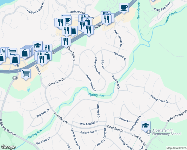 map of restaurants, bars, coffee shops, grocery stores, and more near 13701 Velvet Antler Circle in Midlothian