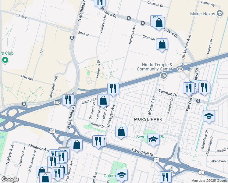 map of restaurants, bars, coffee shops, grocery stores, and more near 102 Persian Drive in Sunnyvale