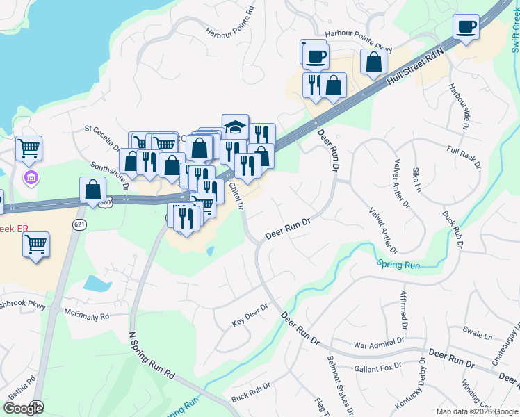 map of restaurants, bars, coffee shops, grocery stores, and more near 6909 Chital Drive in Midlothian