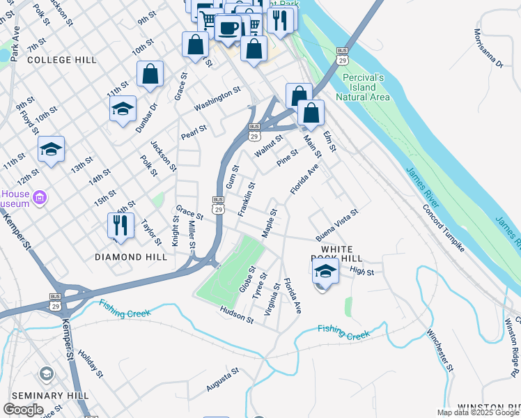 map of restaurants, bars, coffee shops, grocery stores, and more near 2019 Hazel Street in Lynchburg