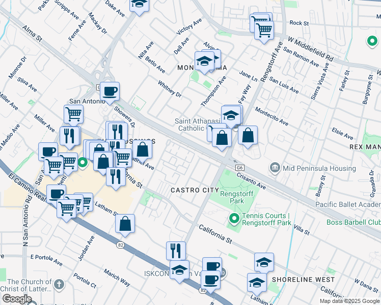 map of restaurants, bars, coffee shops, grocery stores, and more near 11 Wellington Court in Mountain View