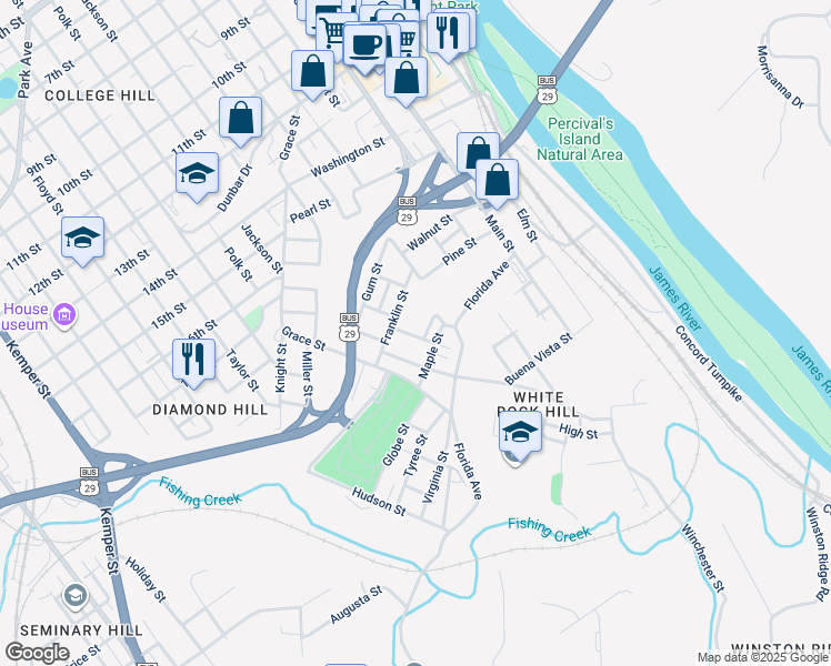 map of restaurants, bars, coffee shops, grocery stores, and more near 2019 Hazel Street in Lynchburg