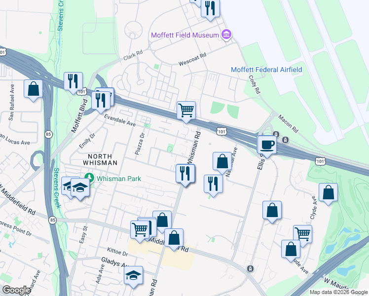map of restaurants, bars, coffee shops, grocery stores, and more near 600 North Whisman Road in Mountain View