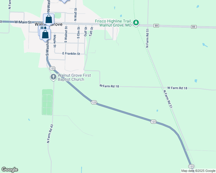 map of restaurants, bars, coffee shops, grocery stores, and more near 12104 West Farm Road 18 in Walnut Grove