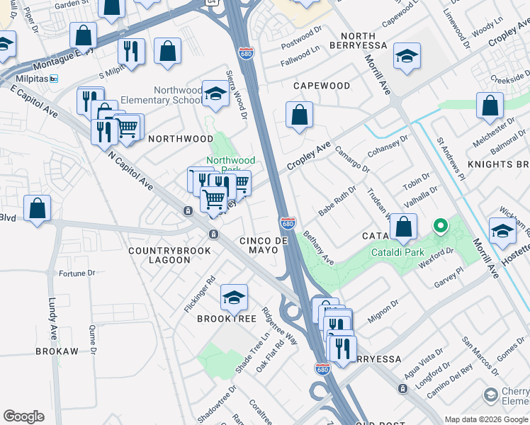 map of restaurants, bars, coffee shops, grocery stores, and more near 2704 Plaza Americas in San Jose