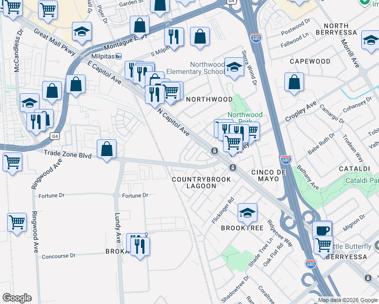 map of restaurants, bars, coffee shops, grocery stores, and more near 2478 Autumnvale Drive in San Jose