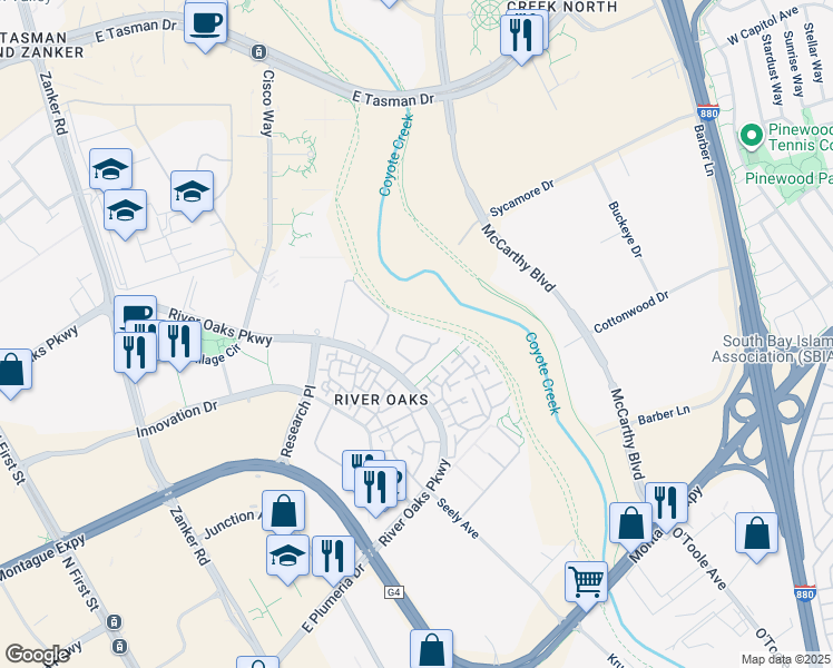 map of restaurants, bars, coffee shops, grocery stores, and more near 415 Camille Circle in San Jose