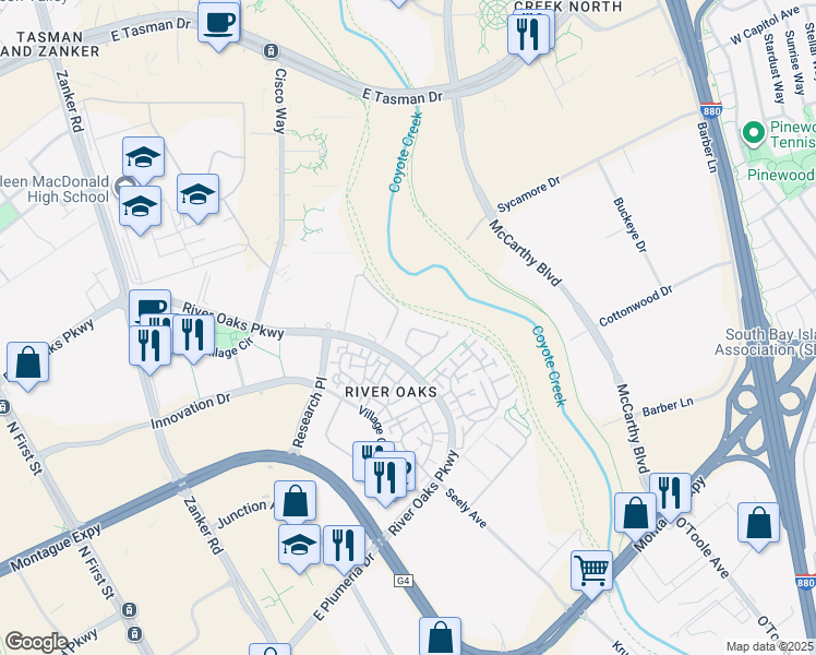 map of restaurants, bars, coffee shops, grocery stores, and more near 415 Camille Circle in San Jose
