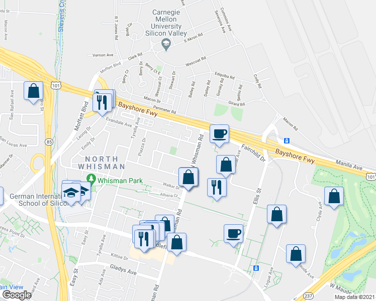 map of restaurants, bars, coffee shops, grocery stores, and more near 600 North Whisman Road in Mountain View
