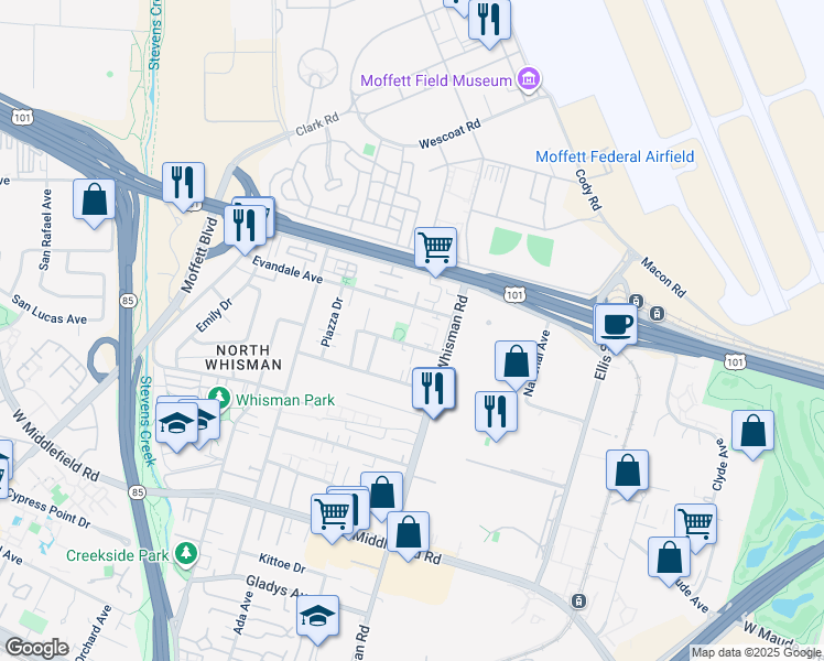 map of restaurants, bars, coffee shops, grocery stores, and more near 600 North Whisman Road in Mountain View