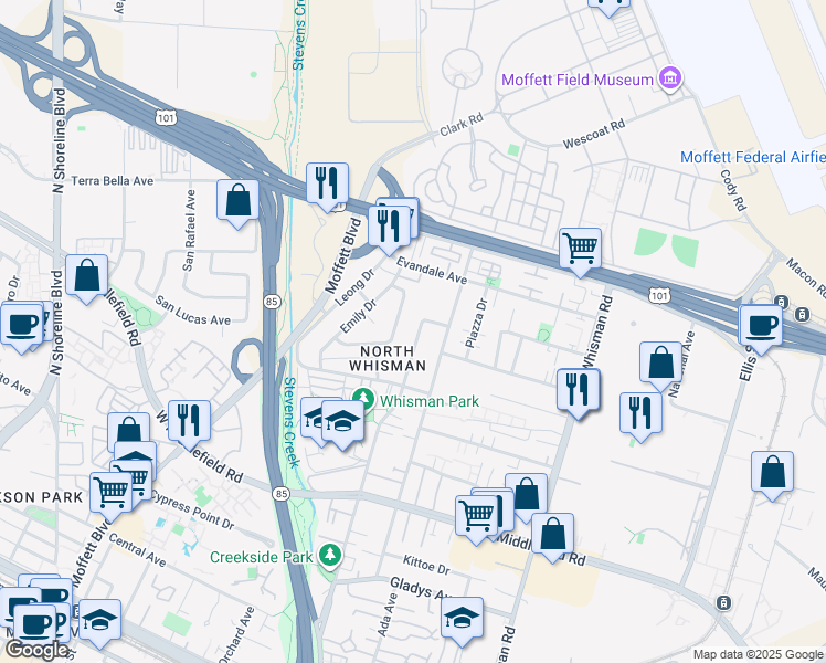 map of restaurants, bars, coffee shops, grocery stores, and more near 536 Easy Street in Mountain View
