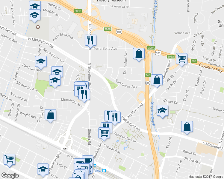 map of restaurants, bars, coffee shops, grocery stores, and more near 838 San Veron Avenue in Mountain View