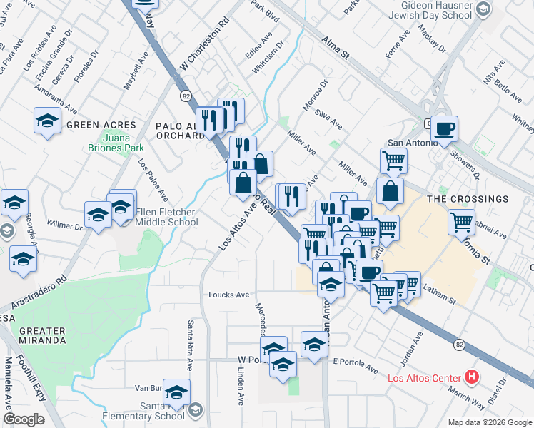 map of restaurants, bars, coffee shops, grocery stores, and more near 4350 El Camino Real in Los Altos
