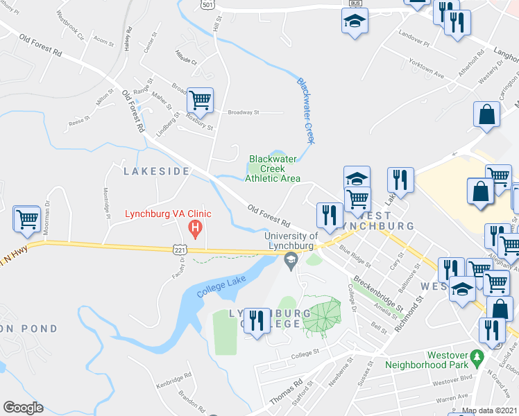 map of restaurants, bars, coffee shops, grocery stores, and more near 807 Old Forest Road in Lynchburg