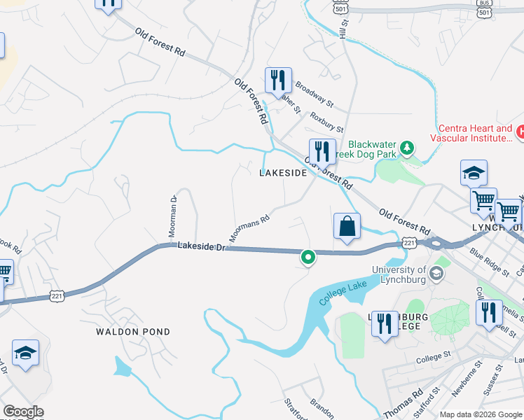 map of restaurants, bars, coffee shops, grocery stores, and more near 1708 Moormans Road in Lynchburg