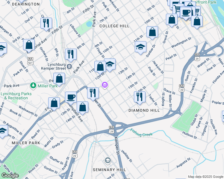 map of restaurants, bars, coffee shops, grocery stores, and more near 1550 14th Street in Lynchburg