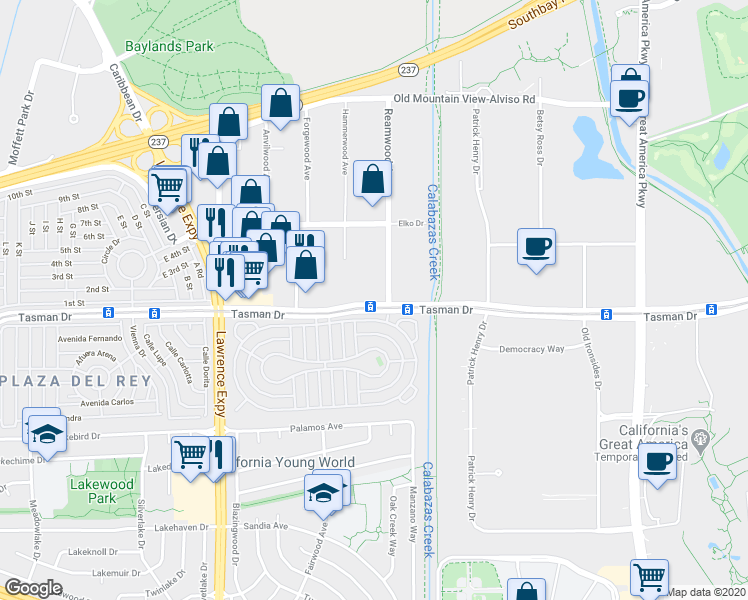 map of restaurants, bars, coffee shops, grocery stores, and more near 1257 Tasman Drive in Sunnyvale