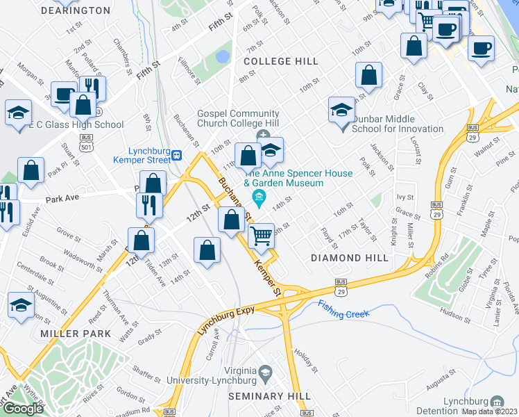 map of restaurants, bars, coffee shops, grocery stores, and more near 1313 Pierce Street in Lynchburg