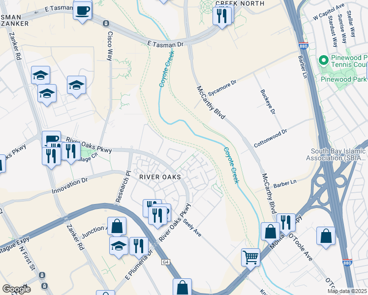map of restaurants, bars, coffee shops, grocery stores, and more near 425 Camille Circle in San Jose