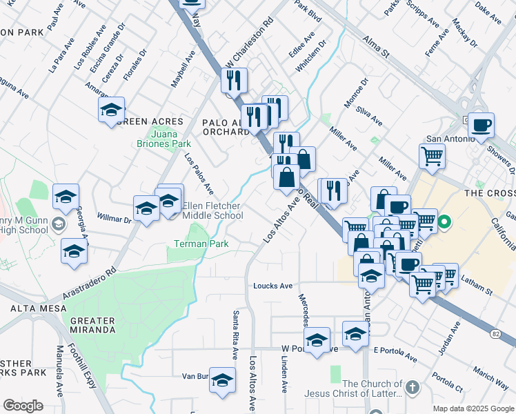 map of restaurants, bars, coffee shops, grocery stores, and more near 315 Langton Avenue in Los Altos