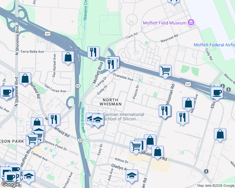 map of restaurants, bars, coffee shops, grocery stores, and more near 536 Easy Street in Mountain View