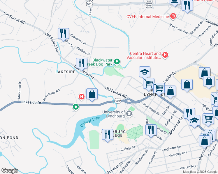 map of restaurants, bars, coffee shops, grocery stores, and more near 807 Old Forest Road in Lynchburg