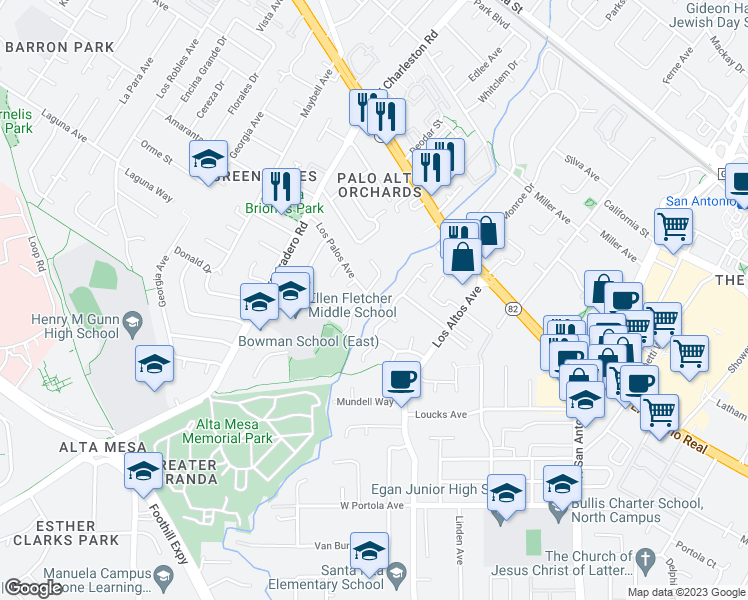 map of restaurants, bars, coffee shops, grocery stores, and more near 629 Glenbrook Drive in Palo Alto