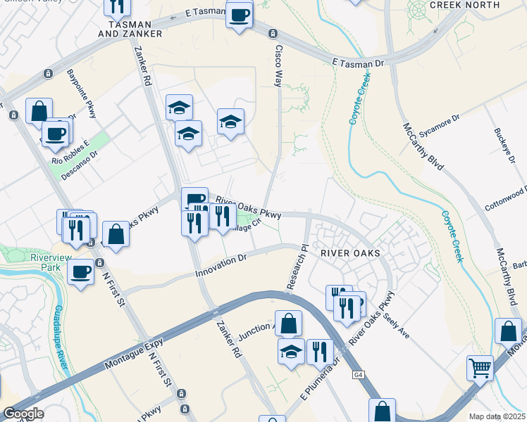 map of restaurants, bars, coffee shops, grocery stores, and more near River Oaks Pkwy & Cisco Way in San Jose