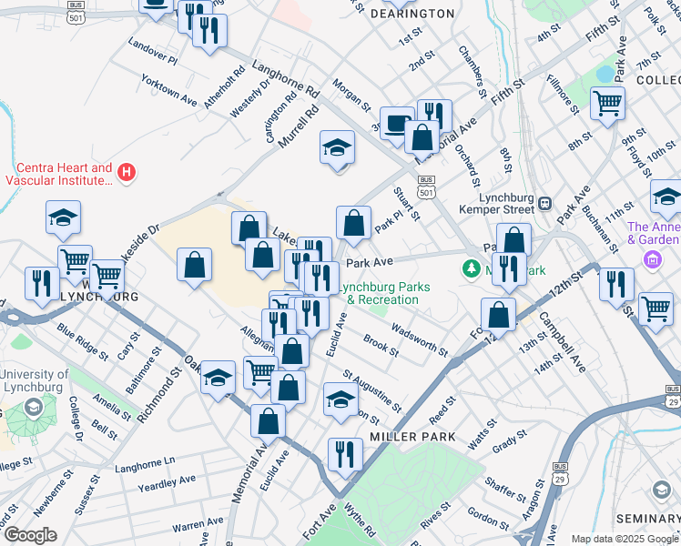 map of restaurants, bars, coffee shops, grocery stores, and more near 2400 Memorial Avenue in Lynchburg