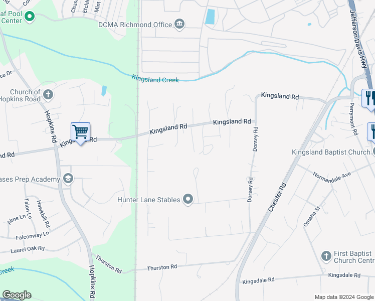 map of restaurants, bars, coffee shops, grocery stores, and more near 3441 Kingsland Road in Richmond