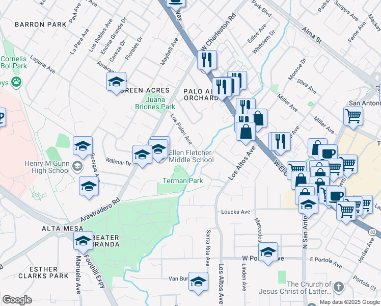 map of restaurants, bars, coffee shops, grocery stores, and more near 632 Glenbrook Drive in Palo Alto