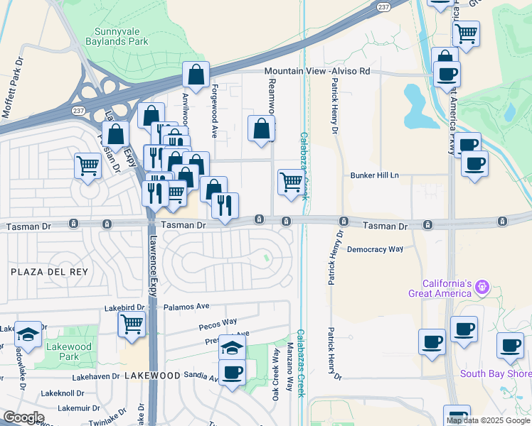 map of restaurants, bars, coffee shops, grocery stores, and more near 1257 Tasman Drive in Sunnyvale
